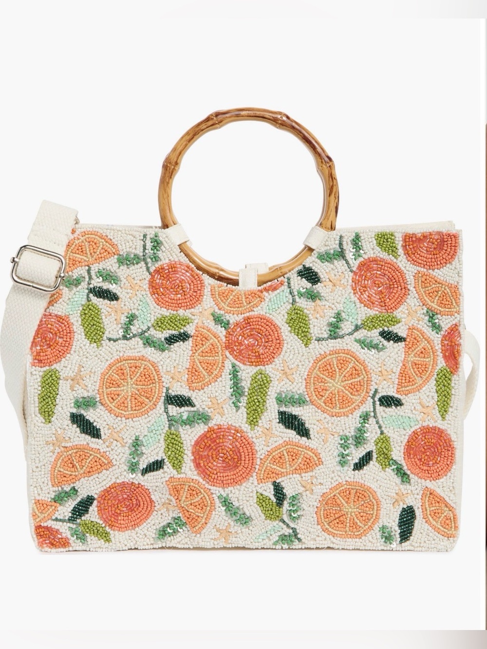 Collection XIIX Beaded Orange Citrus Bamboo Handle Tote Bag 🔥NEW